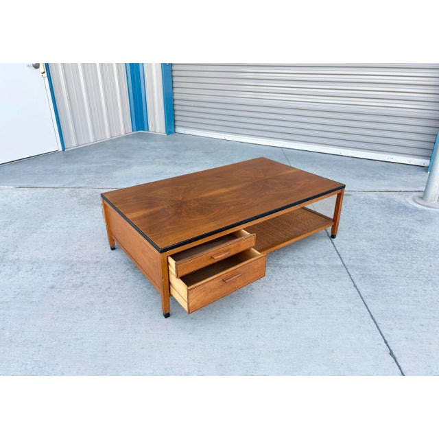 1960s 1960s Mid-Century Walnut Coffee Table With Four Drawers & Cane Shelf For Sale - Image 5 of 10