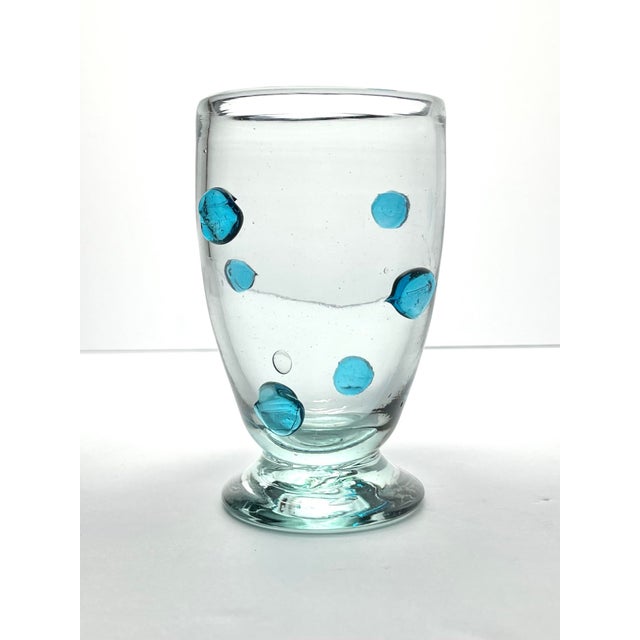 Mexican Aqua Blue Confetti Raised Pebble Mexican Blown Footed Tumbler Glasses - 6 pcs For Sale - Image 4 of 7