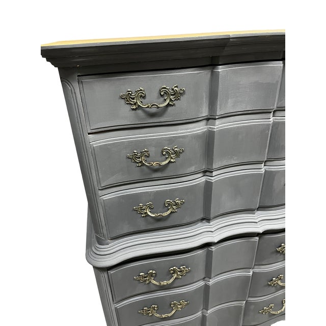 Vintage Tall 6 Drawer Dresser Painted Deep Gray French Hardware Natural Wood Top For Sale - Image 4 of 12