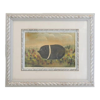 Mid 20th Century Folk Art Watercolor of a Pig For Sale