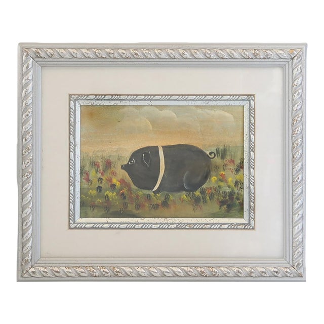 Mid 20th Century Folk Art Watercolor of a Pig For Sale