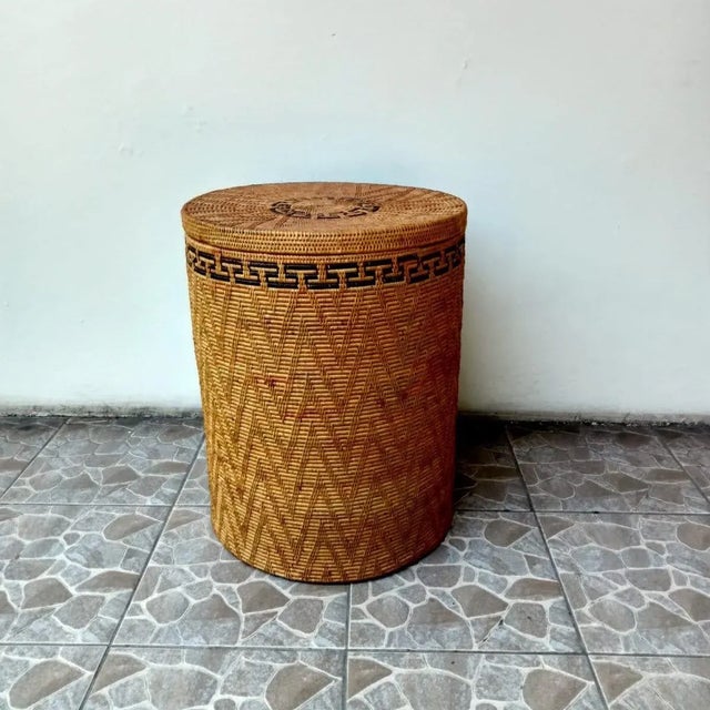 Tan Rattan Border Basket with Lid For Sale - Image 8 of 9