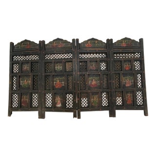 Early 20th Century Painted and Pierced Four Panel Indian Screen For Sale