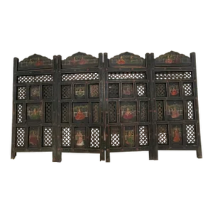 Early 20th Century Painted and Pierced Four Panel Indian Screen