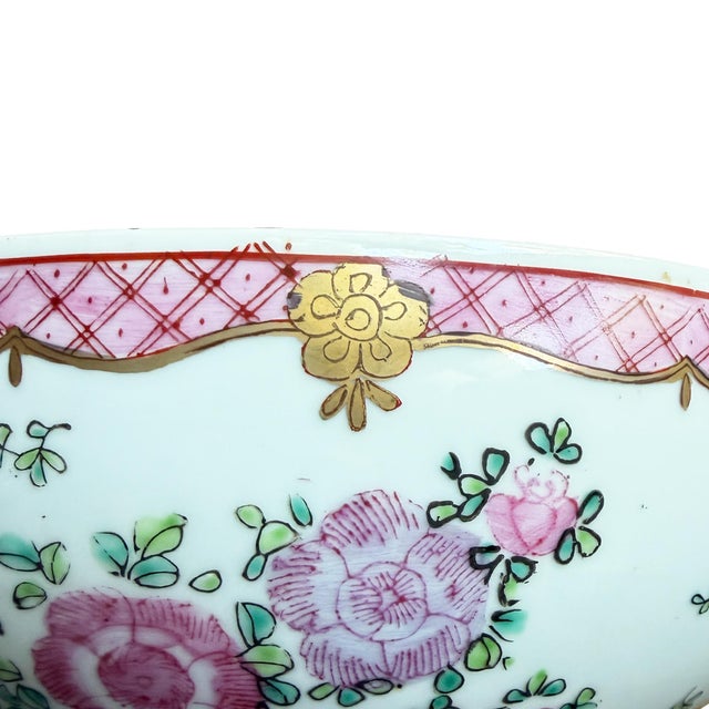 Large Vintage Chinese Famille Rose Pink Floral Hand-Painted Porcelain Bowl For Sale - Image 9 of 11