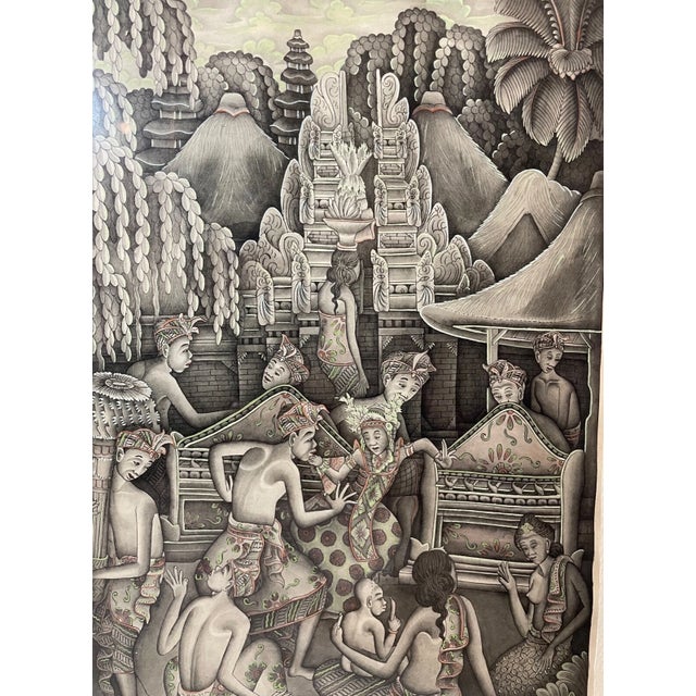 Vintage Original Balinese Ubud Indonesian Figural Landscape Watercolor Painting For Sale - Image 4 of 8
