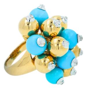 Blue Turquoise Diamonds Golden Spheres Balls Christmas Bells Motif 18k Gold Ring, Size 6