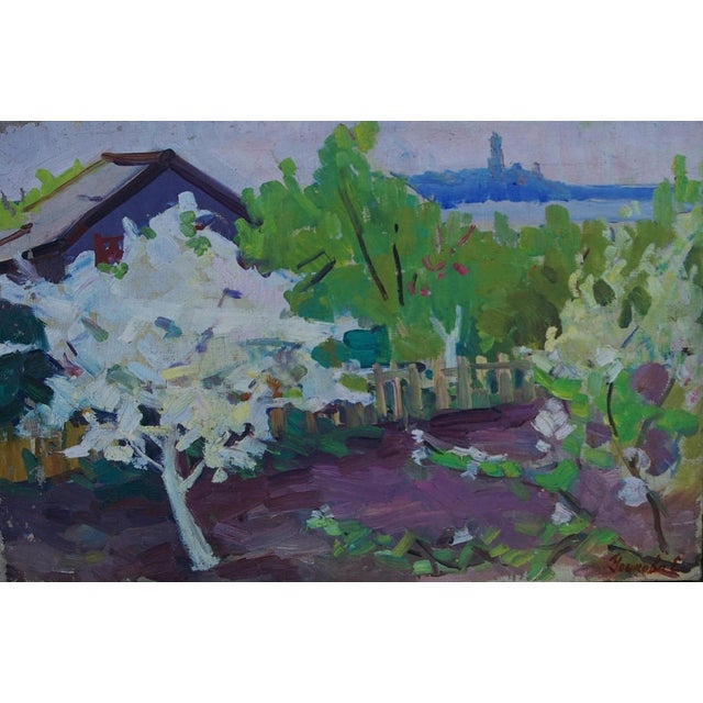 Vintage Spring Oil Painting: Ukrainian Rural Landscape, Impressionism 40-60 For Sale