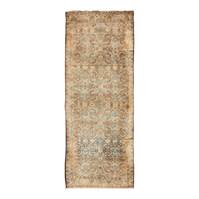 Mid 20th Century Mid-Century Persian Hamedan Runner With All-Over Herati Design in Brown & Blue For Sale