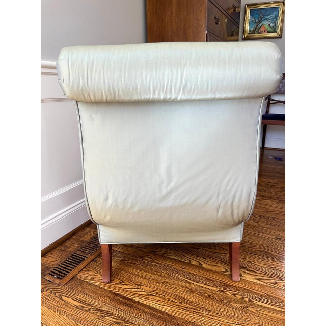 Light Green Pair of Barbara Barry for Baker Celadon Silk, Scroll Back Slipper Chairs For Sale - Image 8 of 12