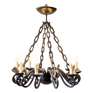 Mid 20th-Century French Wrought Iron Chandelier with Horse-Head Details For Sale