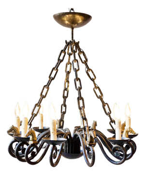Mid 20th-Century French Wrought Iron Chandelier with Horse-Head Details