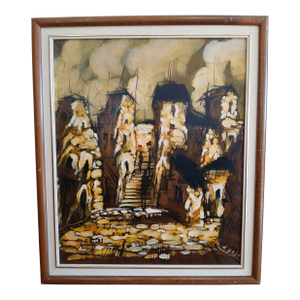 Judaica Vintage Oil Painting on Canvas Signed by A. Atlas [Jerusalem Steps]