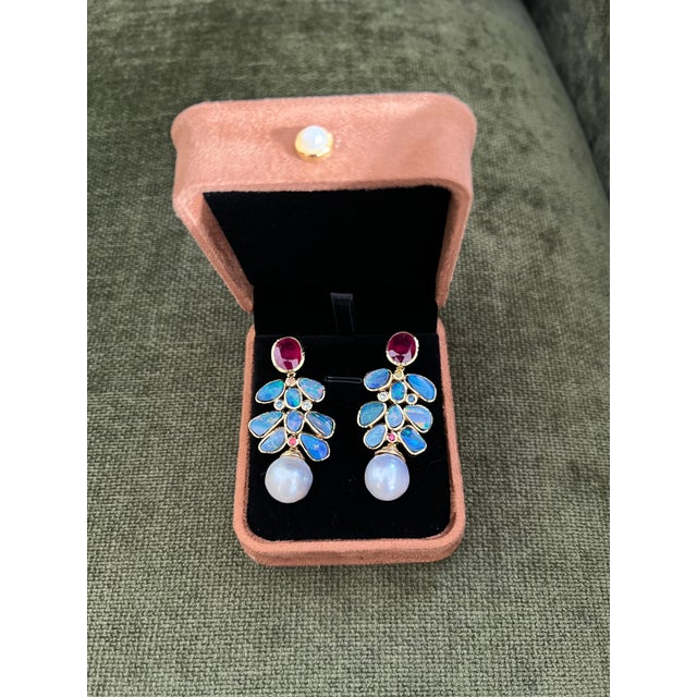 Baroque Bochic "Orient" Vintage Ruby, Opal & Sapphires Earrings Set 18K Gold & Silver For Sale - Image 3 of 18