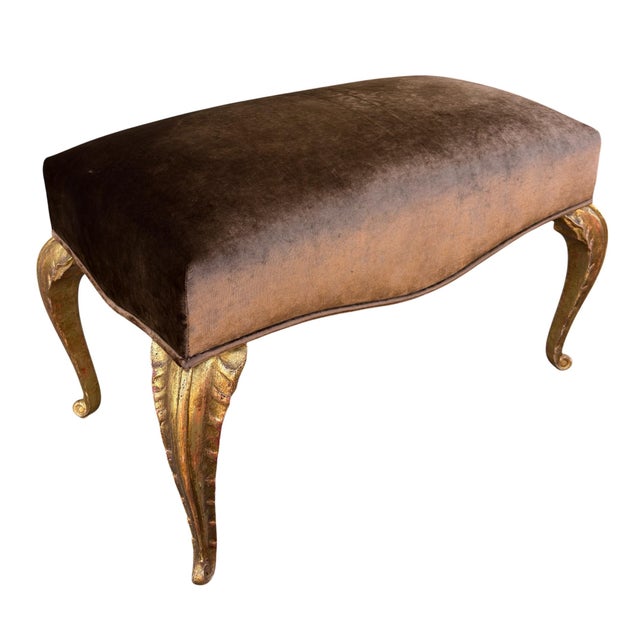 Art Deco Maison Jansen Style Giltwood Palm Leaf Bench - Silk Velvet For Sale - Image 3 of 4