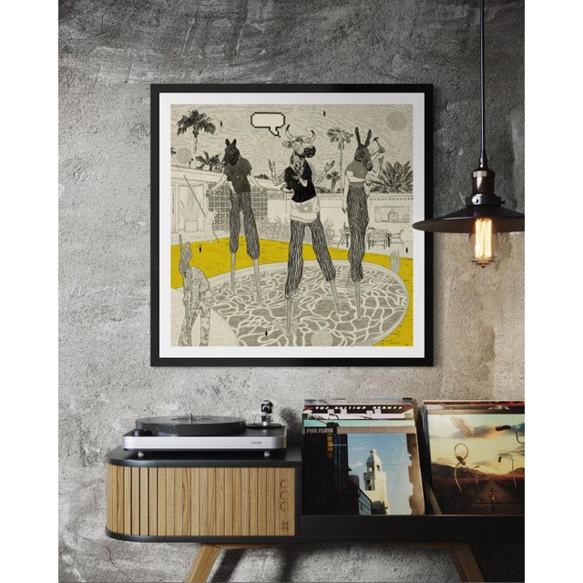 Yellow Pool Party (Center Panel) by Steve Moors, 31"x31" Framed For Sale - Image 8 of 11