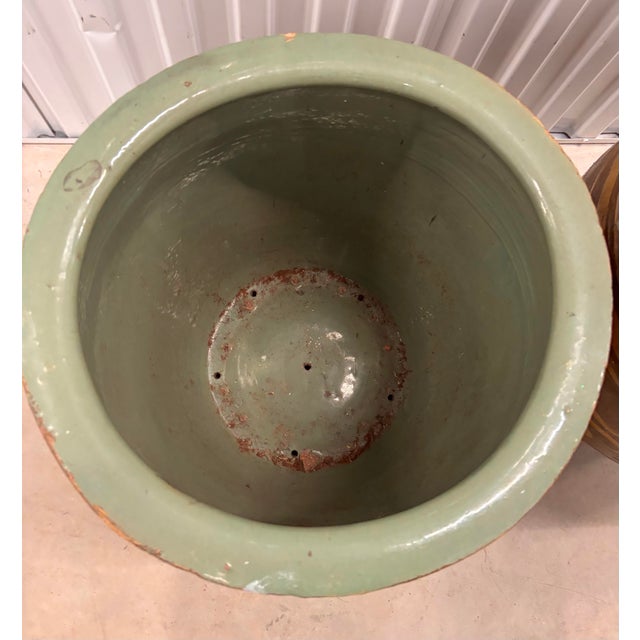 Exceptional Pair Monumental Chinese Dragon Jardinieres Celadon Glaze Chinoiserie Egg Art Pottery Urns With Stand and Glass Top, a Pair For Sale - Image 6 of 12