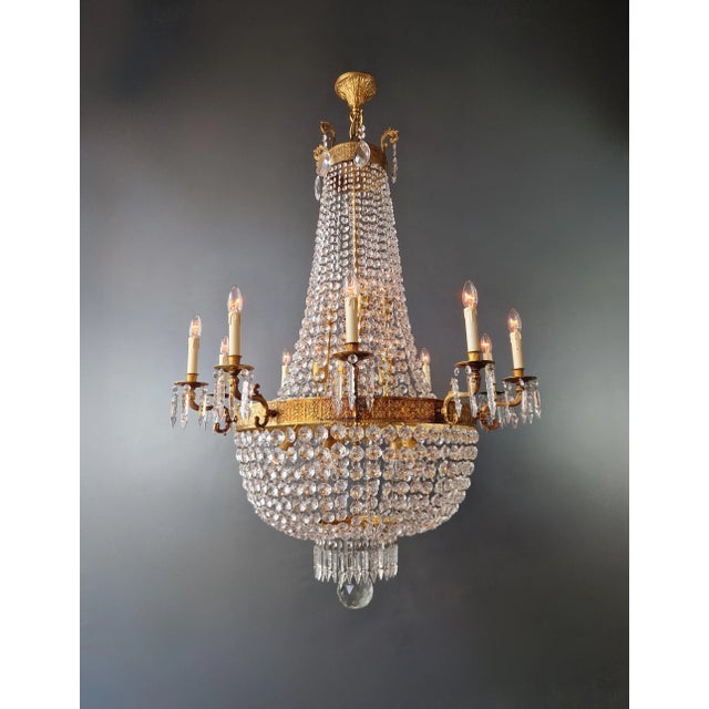 1910s Empire Brass Crystal Lustre Chandelier Ceiling Light For Sale - Image 4 of 12