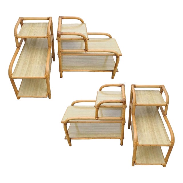 1950s Restored Mid-Century 3-Tier Rattan Side Lamp Table Living Room Set of 4 For Sale