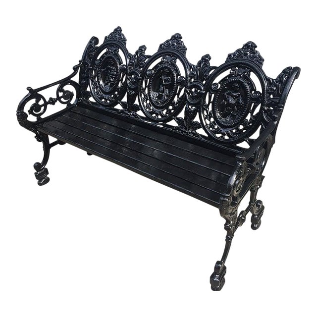 Victorian Cast Iron Three Paneled Ornate Garden Bench With Pine Slat Seat For Sale