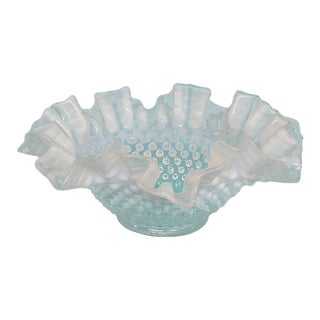 Fenton Hobnail Style Opalescent White Glass Ruffled Crimped Rim Bowl For Sale