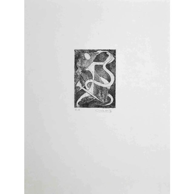 Knight fighting with serpent is an original etching on ivory-colored paper realized by Giselle Halff in the mid-20th...