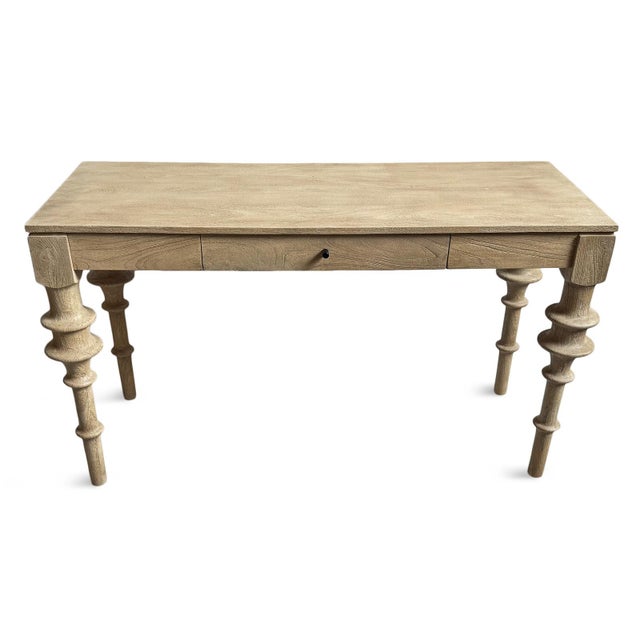 Solid beautiful sanded natural light oak wood desk with one drawer. Carved modern turned design on legs. Each desk may...
