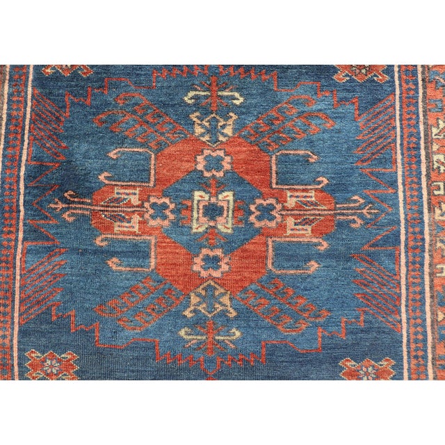 Blue Antique Persian Kurdish Gallery Rug With Blue Field and Bold Geometric Medallion For Sale - Image 8 of 13