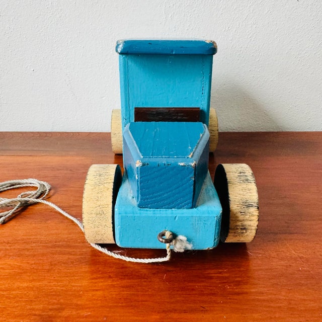 Mid 20th Century Vintage Blue Primative Wood Milk Truck Pull Toy For Sale - Image 5 of 12