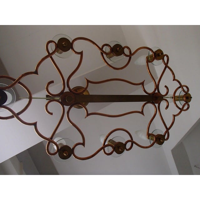 Large Art Deco Brass, Copper & Bricked Glass 8-Flame Ceiling Lamp, 1940s For Sale - Image 6 of 9