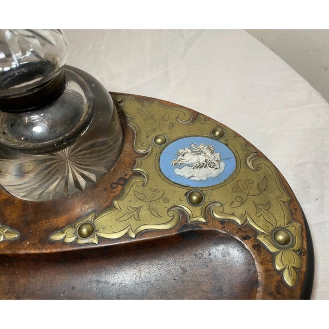 19th Century Antique 19th Century Wood Bronze Porcelain Glass Jasperware Inkwell Stand Jar For Sale - Image 5 of 15