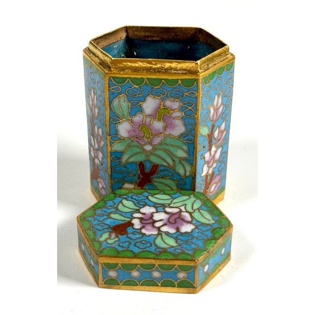 Vintage Chinese Cloisonné Small Canister Jar Set - 8 Canisters W/ Original Box For Sale - Image 12 of 17