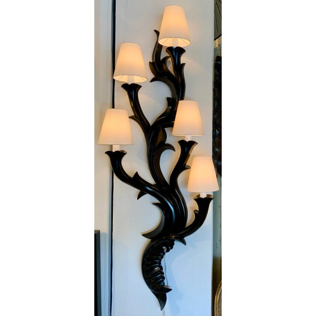 Original retail $8191, large scale Christopher Guy Modern Black Lacquer Branch Opera Sconces Pair, white silk fabric...