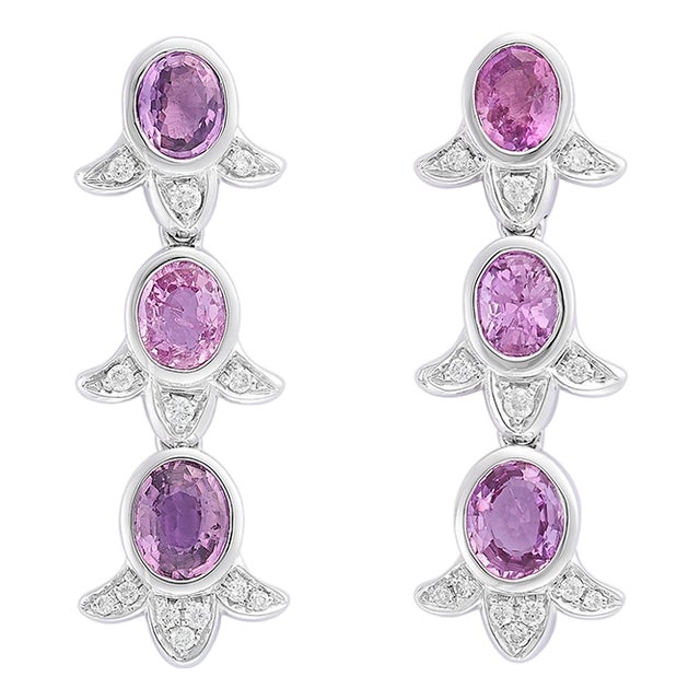 Oval Pink Sapphire and Diamond 18 Karat White Gold Bluebell Drop Earrings - Fei Liu, Pair For Sale