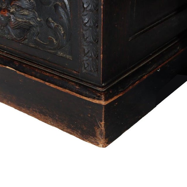 Wood Antique Rj Horner Carved Oak Kneehole Desk With Figural Carved Pulls C1910 For Sale - Image 7 of 16