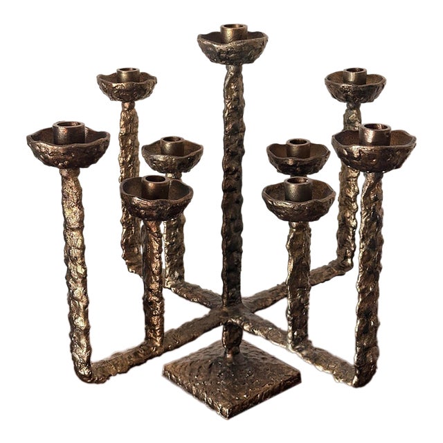 Vintage Brass Brutalist 9 Candle Candleabra 18 X 18 X 18, in the Style of Pieter Adam For Sale
