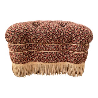 A. Rudin Pink Cheetah Print Tufted Ottoman With Bullion Fringe Trim For Sale