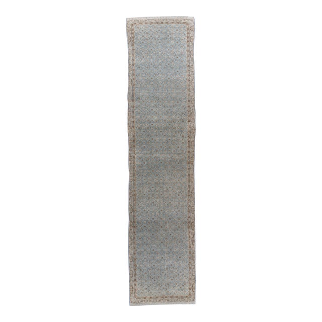 Antique 1910 Blue Tabriz Hand Knotted Runner - 3ft 3in X 15ft 4in For Sale