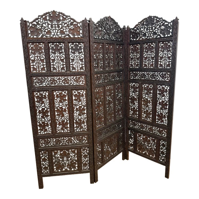 Antique Hand Carved Three Panel Teak Room Divider Screen For Sale