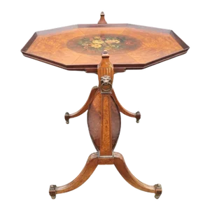 Mid-Century Edwardian Style 2-Tier Burl Walnut and Hand-Painted Tray Table