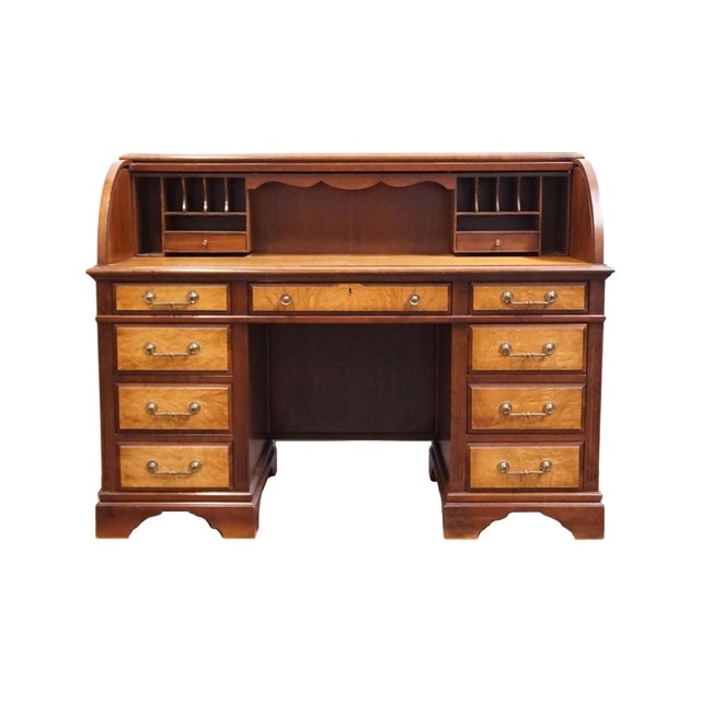Late 20th Century Jasper Cabinet Solid Mahogany & Elm Burl Traditional Regency Inspired 54" Roll Top Desk For Sale - Image 5 of 16
