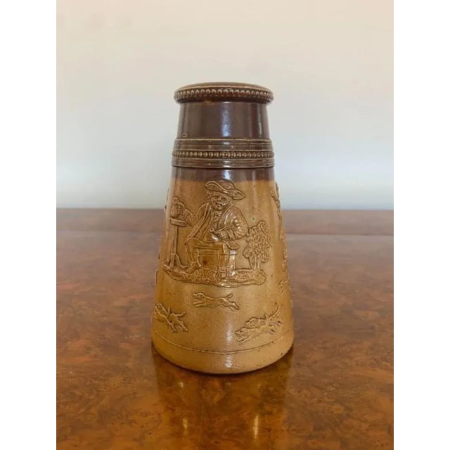 Antique Victorian quality Doulton Lambeth jug with a wonderful hunting scene decoration, with a shaped handle in wonderful...