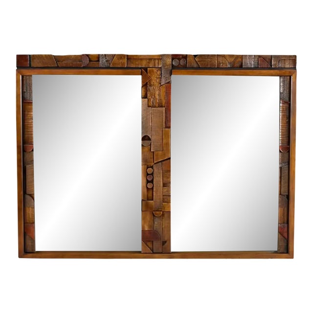Vintage 1970s Lane Brutalist Double Wall Mirror Geometric Paul Evans Style For Sale