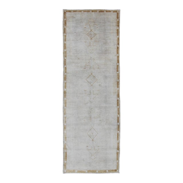 Muted Vintage Turkish Oushak Runner a Faint Tribal Design For Sale
