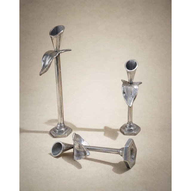 Modern Vintage Graduated Pewter Calla Lily Candleholders – Set of 3 For Sale - Image 3 of 3