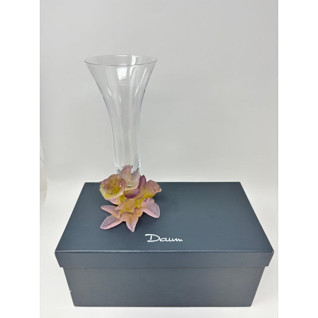 Daum France "Soliflore Roses" Crystal Vase with Pâte de Verre Floral Base, Signed, Circa 1990s A stunning Daum France...