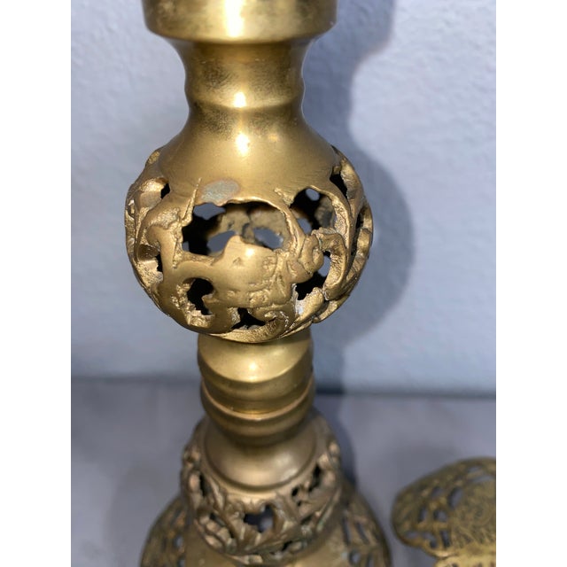 Vintage Filigree Brass Hollywood Regency Style Candlesticks- Set of 2 For Sale - Image 9 of 11