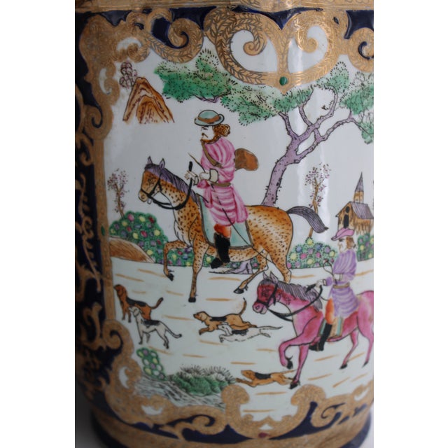 Mid 20th Century Pair Large 18" Chinese Porcelain Vases Cobalt Blue Gold Hunt Scene Chinoiserie For Sale - Image 17 of 18