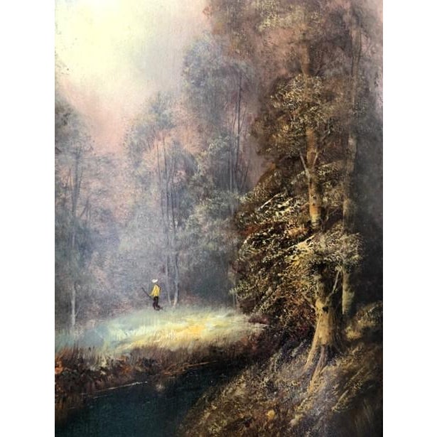 Blue Vintage Signed Romantic Landscape Oil Painting in Ornate Gilt Frame For Sale - Image 8 of 11