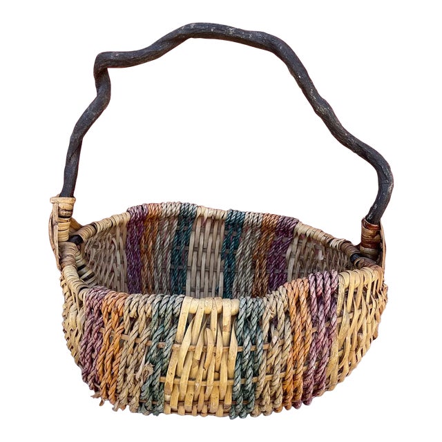 Rustic Multi-Colored Wavy Branch Woven Rattan/Raffia Basket For Sale
